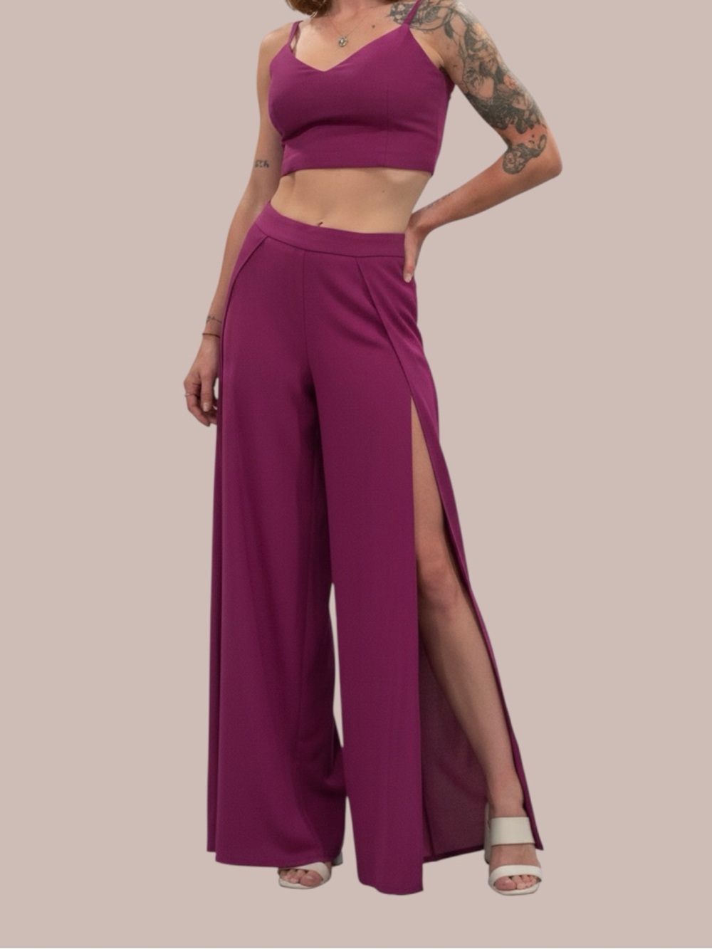 Lulus Magenta Two Piece Crop Top & Slit Wide Leg Pants Set | size small